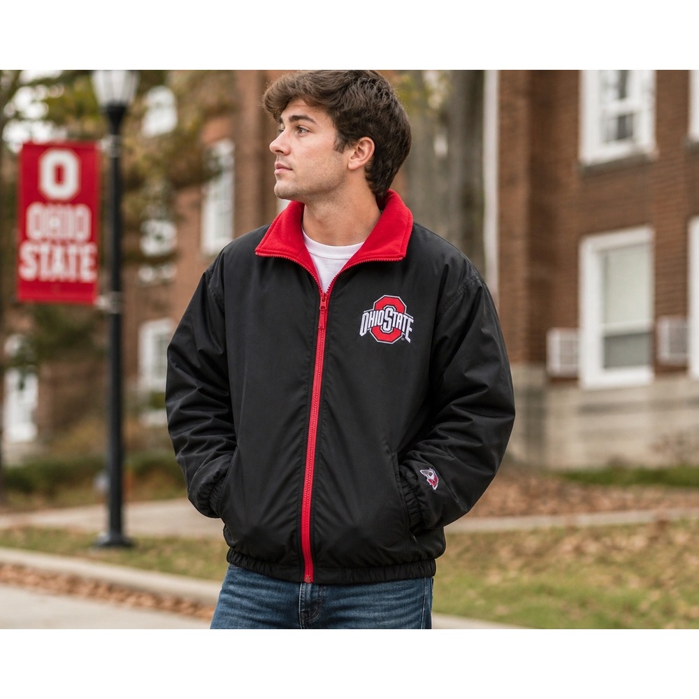 Ohio State Buckeyes Reversible Jacket Mens L Black Full‎ Zip Windbreaker Fleece